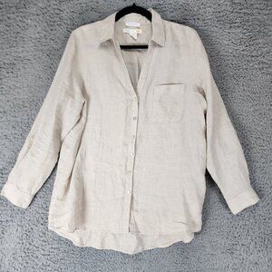 C&C Shirt Womens Large Tan 100% Natural Linen Roll Tab Button Up Shirt